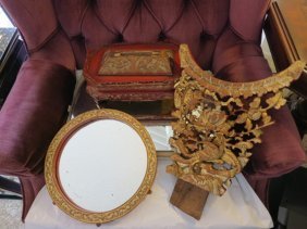 ORIENTAL HAND CARVED PAINTED DRESSING MIRROR 3 PC: ORIENTAL DRESSING MIRROR,PAINTED RED AND GOLD, 3 part,painted and intricately carved, mirror supported by Oriental figures, 27 x 12