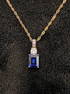 Blue Sapphire like Dangling Yellow Gold tone White CZ Diamond Pendant over 925 Sterling Silver Chain