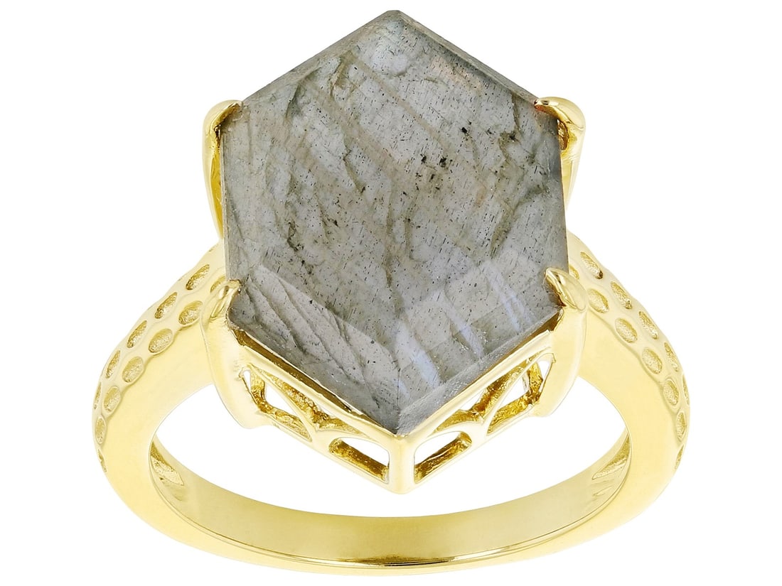 Gray Labradorite 18k Yellow Gold Over Sterling Silver Ring.: Gray Labradorite 18k Yellow Gold Over Sterling Silver Ring. Size 8. 16x12mm Hexagon Labradorite 18k Yellow Gold Over Sterling Silver Ring. Measures Approximately 0.54"L x 0.63"W. Not Sizeable. Metal W