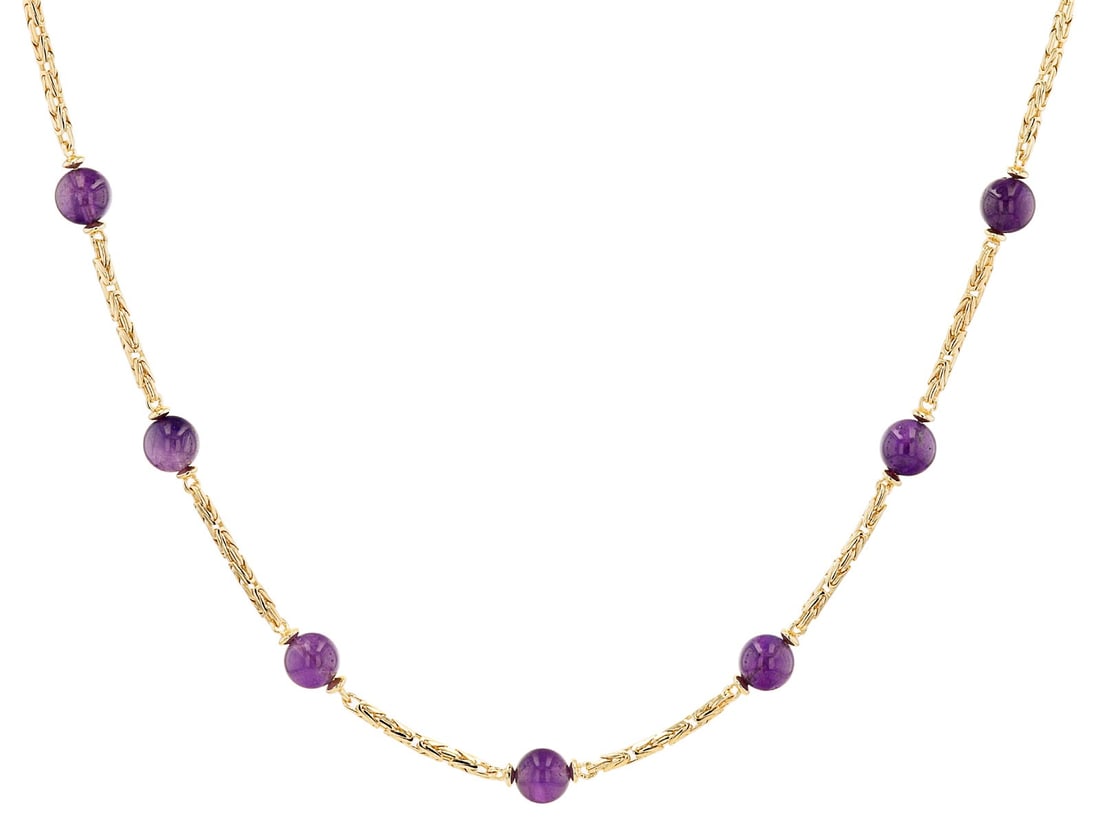 Purple Amethyst 18k Gold Over Sterling Silver Station Necklace 8mm: Purple Amethyst 18k Gold Over Sterling Silver Station Necklace 8mm. Byzantine Necklace. 18" With 2" Extender. Measures Approximately 0.61"W. Lobster Claw Closure. SHIPS FROM ORANGE COUNTY, CA.