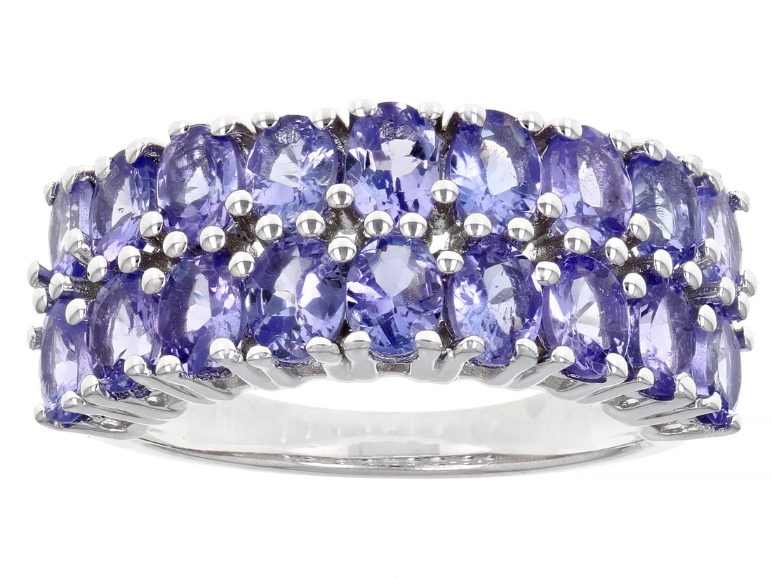 Blue Tanzanite Rhodium Over Sterling Silver Band Ring 3.00ctw: Blue Tanzanite Rhodium Over Sterling Silver Band Ring 3.00ctw. Size 9. 3.00ctw Oval Tanzanite Rhodium Over Sterling Silver Band Ring. Measures Approximately 0.93"L x 034"W. Not sizeable. Metal Weight: