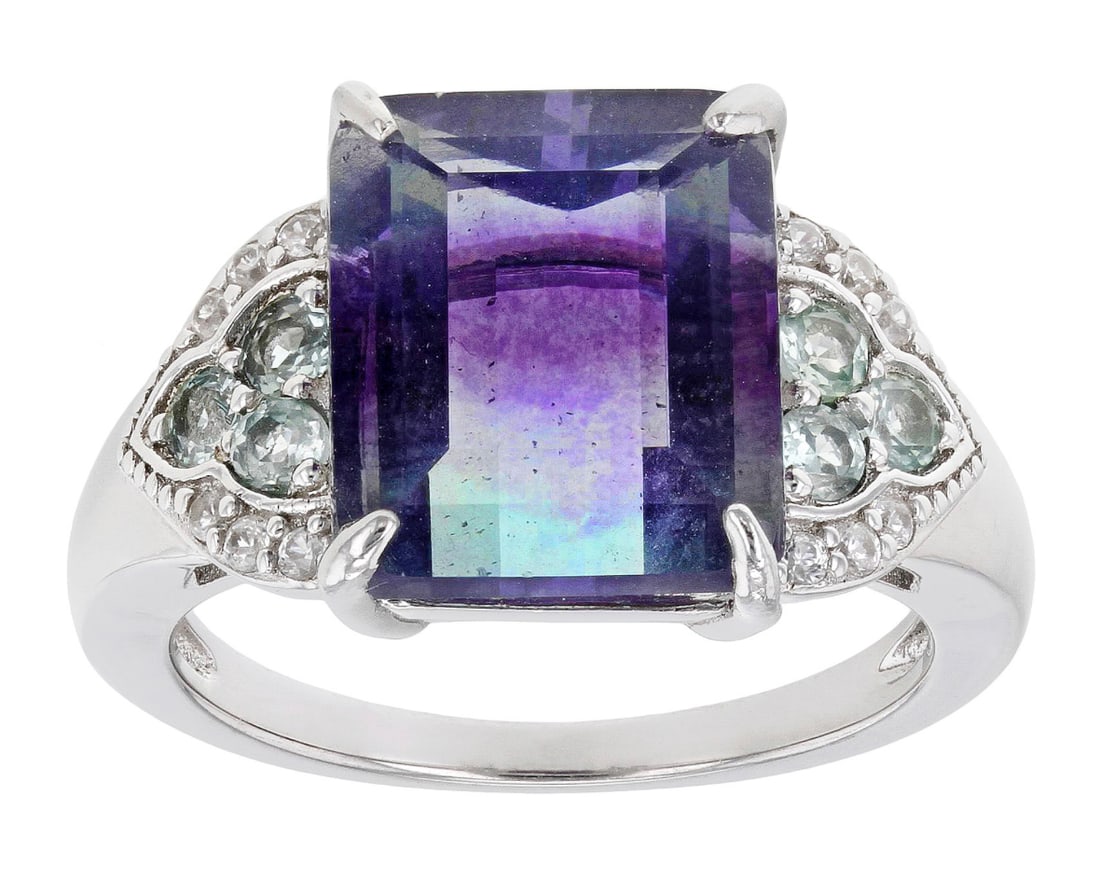 Bi-Color Fluorite Rhodium Over Sterling Silver Ring. 6.59ctw: Bi-Color Fluorite Rhodium Over Sterling Silver Ring. 6.59ctw. Size 8.5. Bi-Color Fluorite With 0.25ctw Orissa And 0.09ctw White Zircon Rhodium Over Sterling Silver Ring. Measures Approximately 0.78"L 