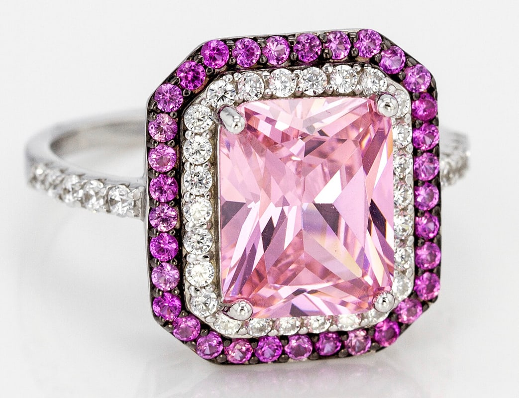 Pink Lab Created Sapphire, Pink And White Cubic Zirconia Rhodium Over Sterling Silver Ring 6.51ctw: Pink Lab Created Sapphire, Pink And White Cubic Zirconia Rhodium Over Sterling Silver Ring 6.51ctw. Size 8. Lab Created pink sapphire, pink and white diamond simulants 6.51ctw rectangle and round, bla