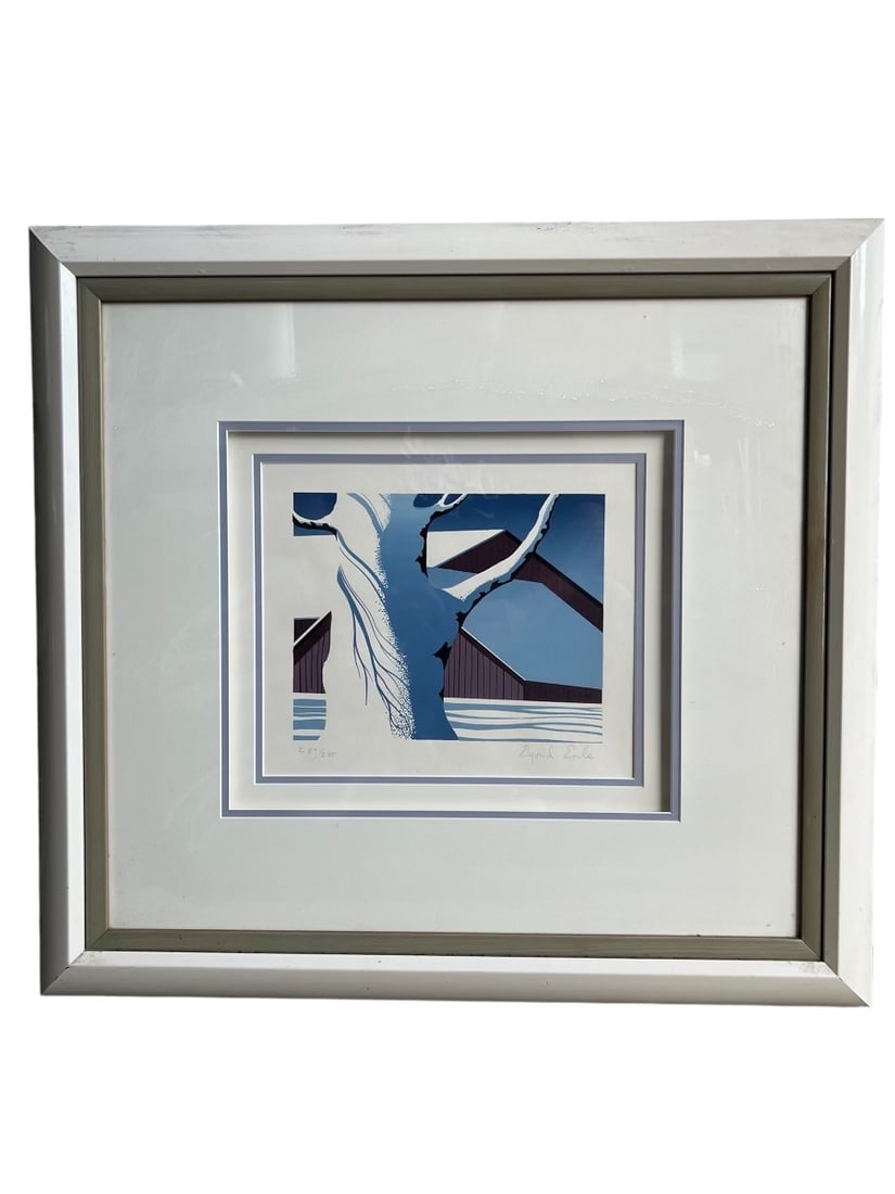 Eyvind Earle  "Tree And Barn in Snow" (1916 - 2000) Signed Serigraph (1 of 4)
