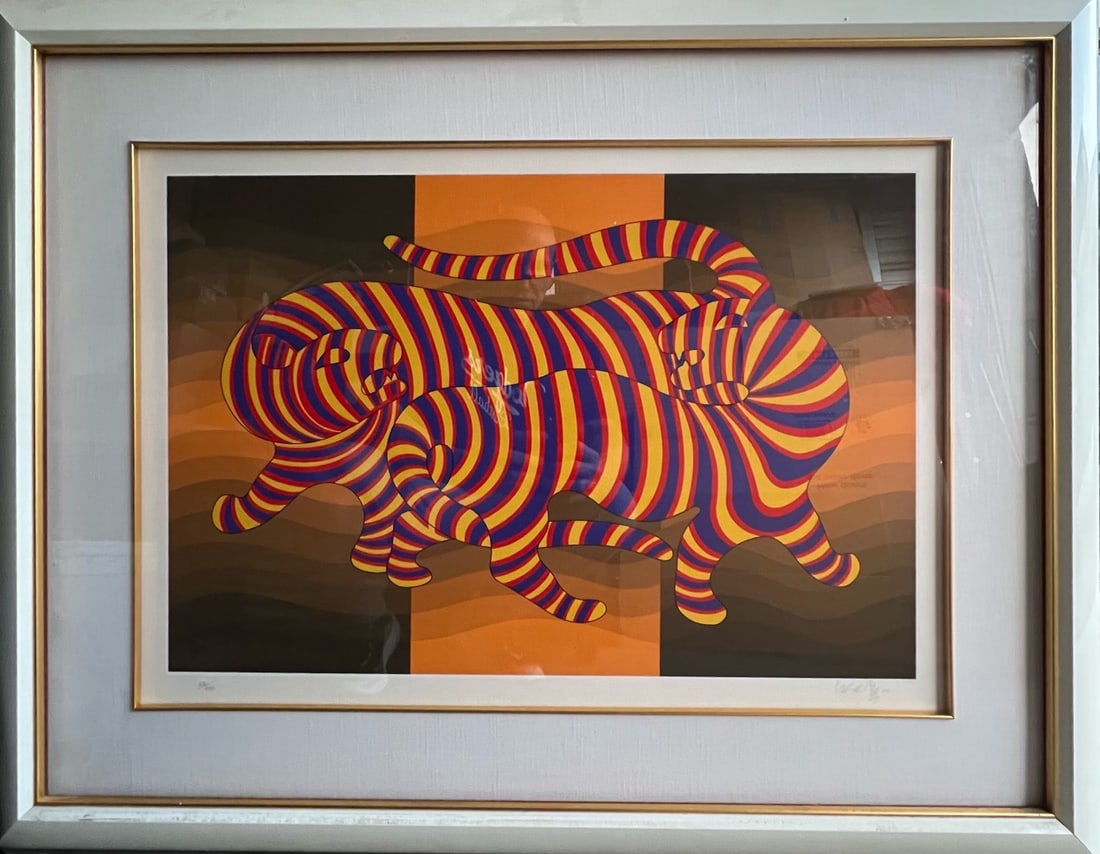 Victor Vasarely, Two Tigers on Green, Screenprint on Silver Paper, signed (1 of 3)