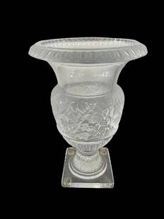 Lalique "Versailles" Crystal Vase: Lalique "Versailles" Crystal VaseFooted baluster form having a grapevine frosted band and a carved egg and dart border, set on square clear plinth, etched signed on underside of baseCondition: Very Go