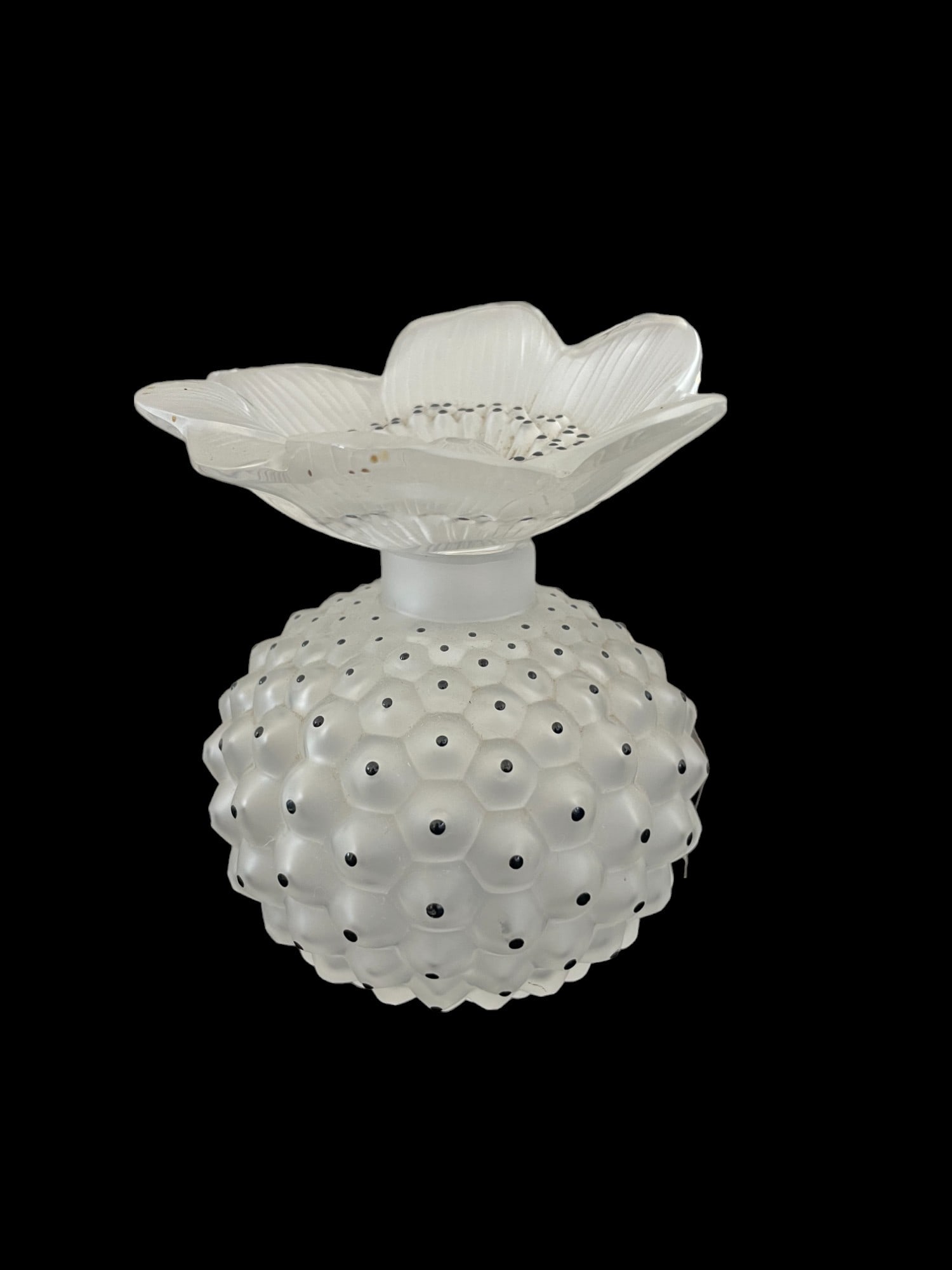 Lalique Frosted Crystal Perfume Bottle, Cactus: Lalique Frosted Crystal Perfume Bottle, Cactus. Frosted dimpled design with black crystal centers. Lalique etched mark. Dimensions: 3.5"L x 3.5"W x 3.5"HManufacturer: LaliqueCountry of Origin: France.