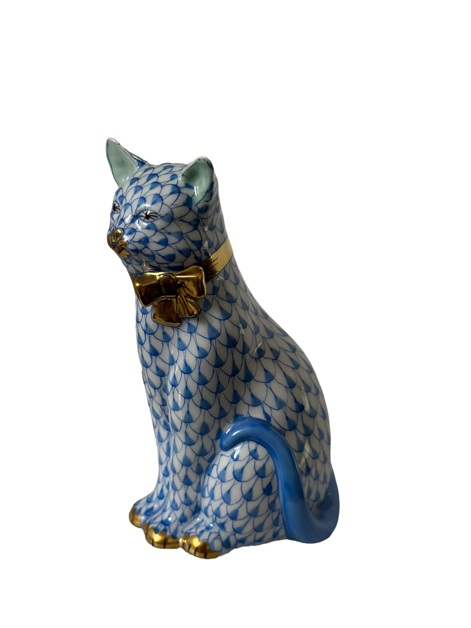Herend Hungary Cat With Bow - Blue - Handpainted Porcelain Signed 15319 (1 of 5)