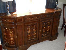 ANTIQUE ITALIAN BUFFET INLAID FLORAL: Antique Furniture Italian Antique Walnut with Inlaid Marquetry Floral Design c. 1910. This Piece is Finely Crafted Out of Solid Walnut, with Intricately Inlaid Floral. Approx 8 feet long x 3.5 feet hi