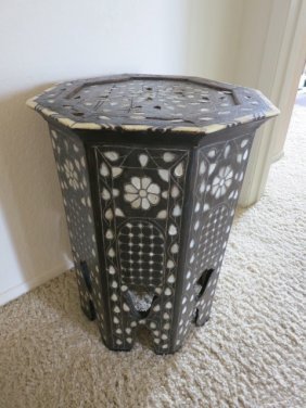 ORIENTAL MOTHER OF PEARL INLAY SIDE STOOL,19": WOOD TABLE WITH MOTHER OF PEARL INLAY OCTAGON STYLE TABLE OR STOOL MEASURES 19 X 14