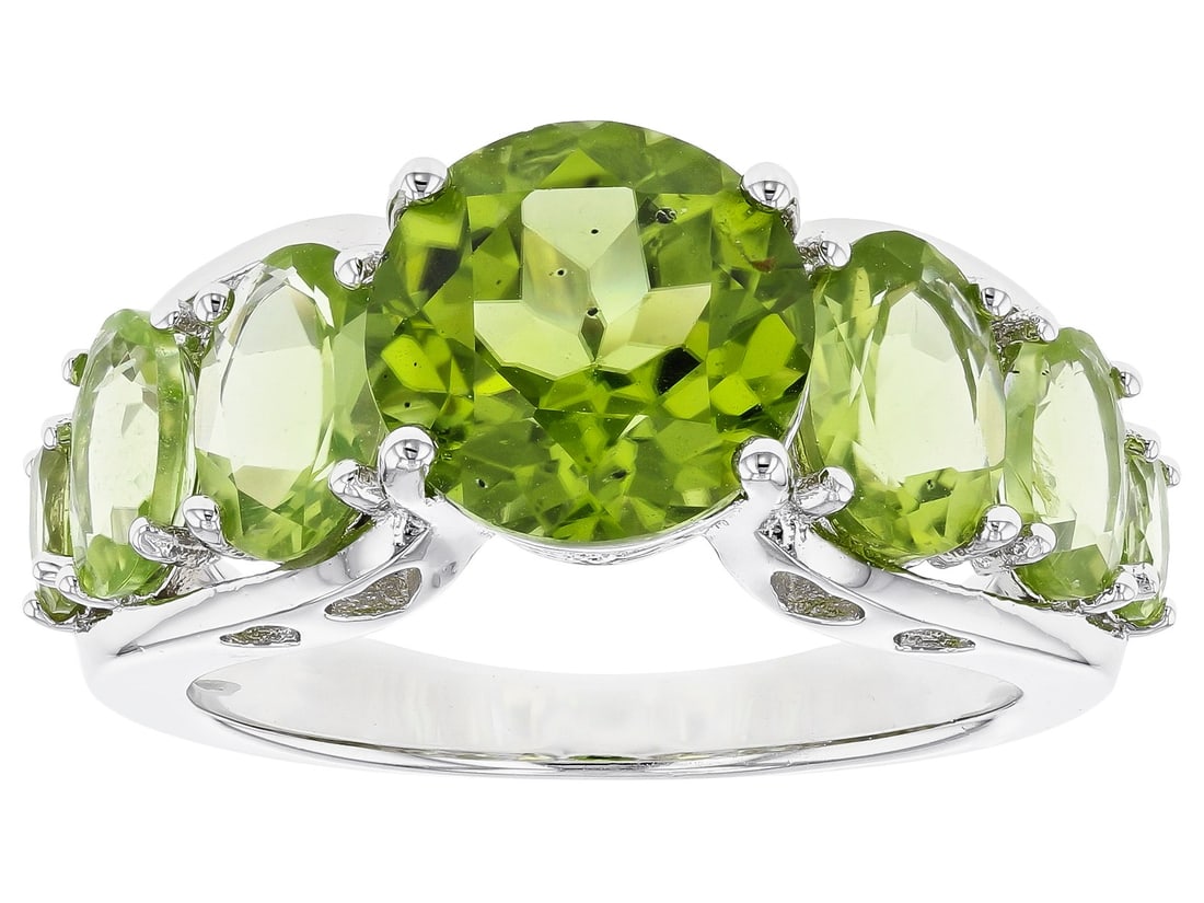Green Manchurian peridot rhodium over sterling silver ring 5.58ctw (1 of 4)