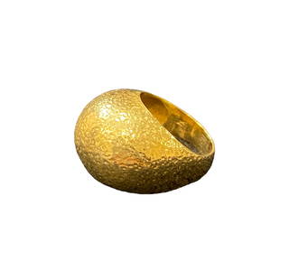 19 Karat Gold Elizabeth Locke Designer Dome Ring with Dimpled Texture: This ladies 19 karat yellow gold designer ring has a very high dome which measures 17 mm wide and 10.5 mm above the finger. It has a high polished finish with a beautiful dimpled texture. This ring we