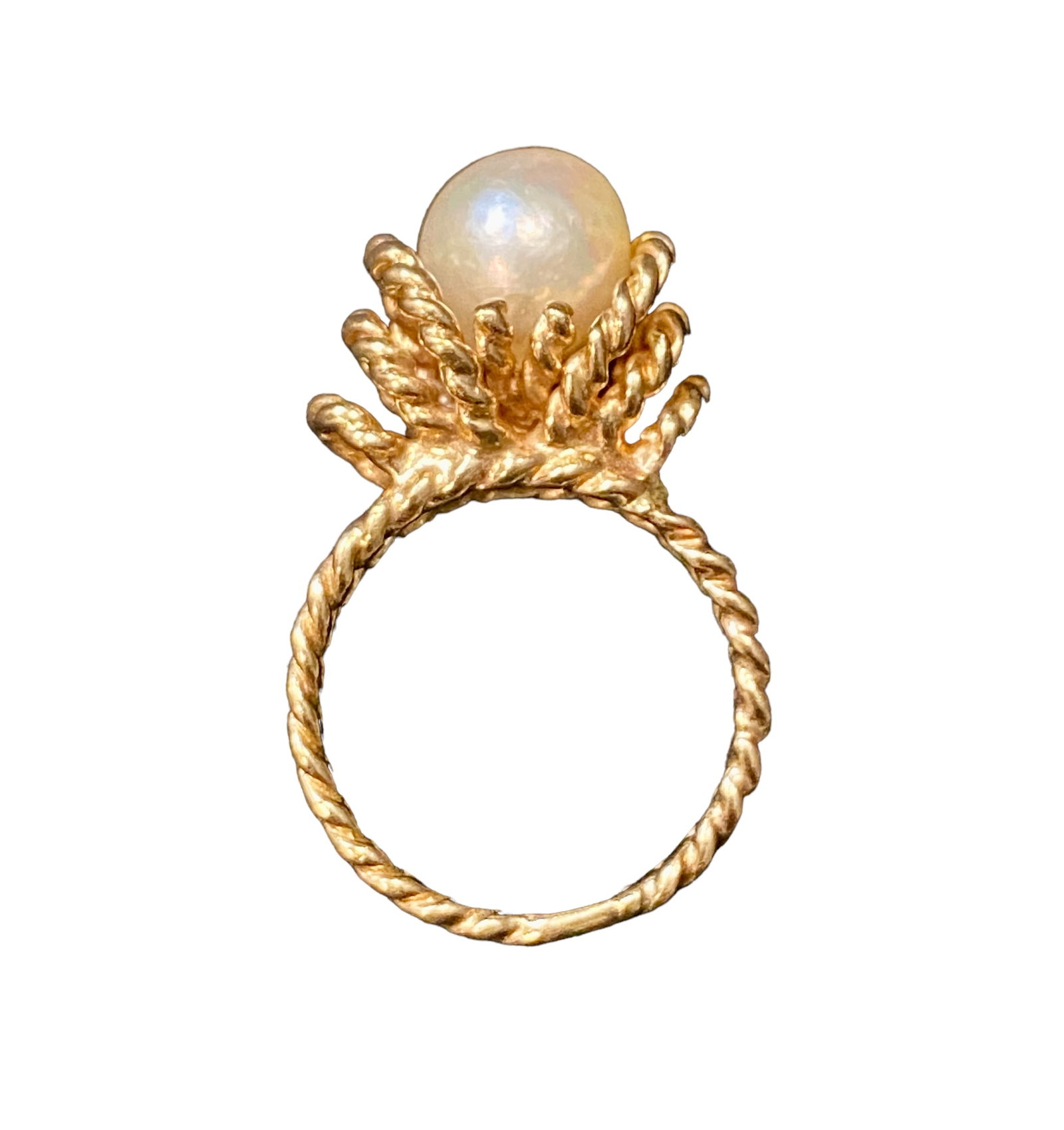 14 Karat Gold Ring with 8.3 mm Cultured Pearl: This 14 karat yellow gold twisted gold rope mounting features a single 8.3 mm white cultured pearl. It is a fine white pearl with good luster and slightly baroque surface. It is set on a gold post wit