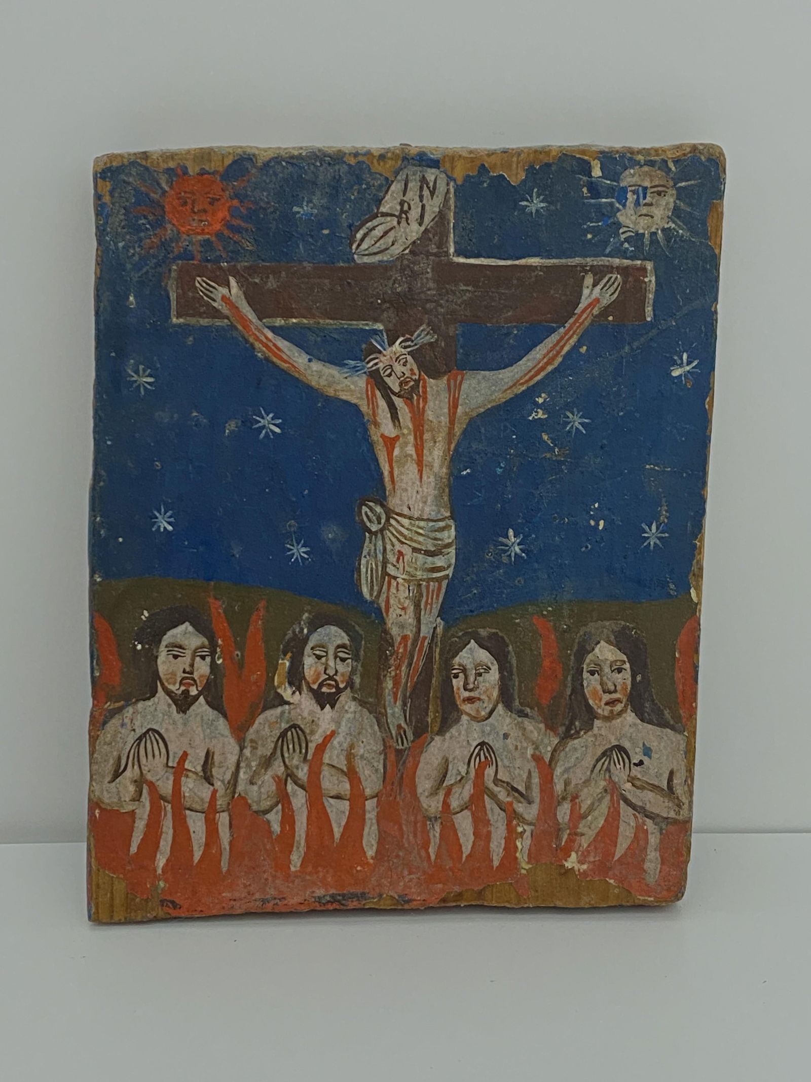 Retablo Religious Icon Hand Painted on Wooden Panel (1 of 3)