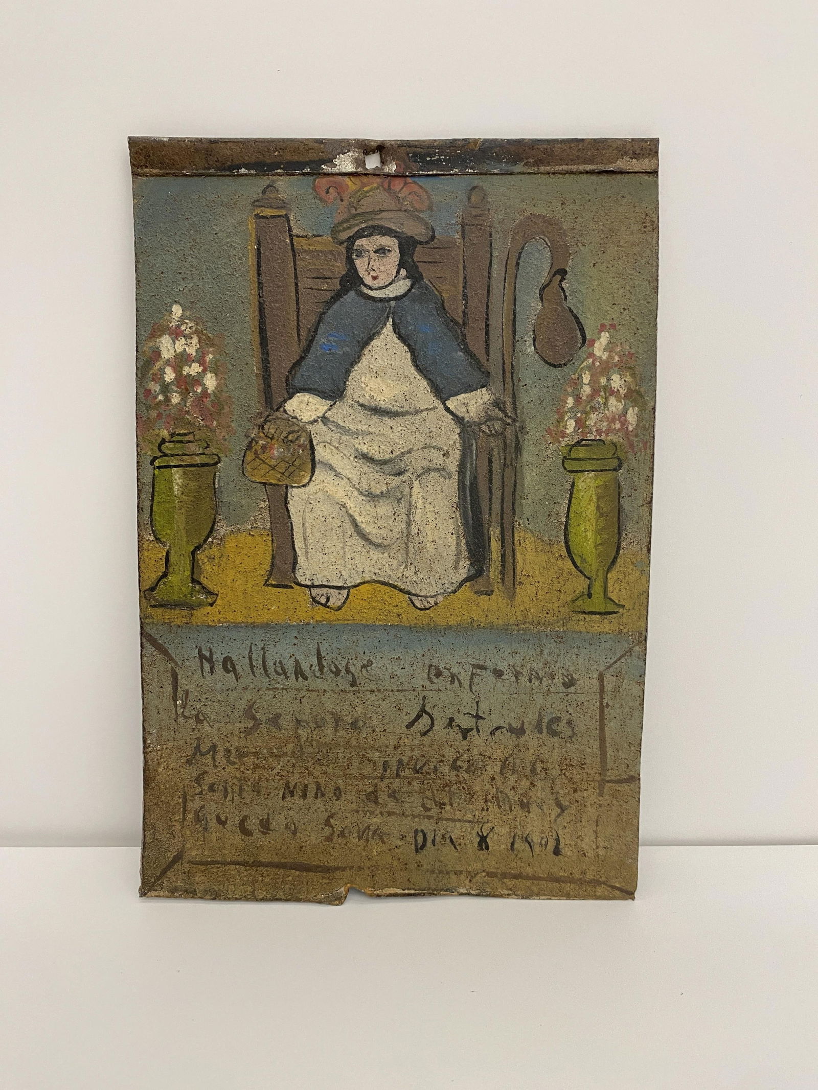 Retablo Religious Icon Hand-Painted on Tin with Dutch Woman and Floral Motif (1 of 3)