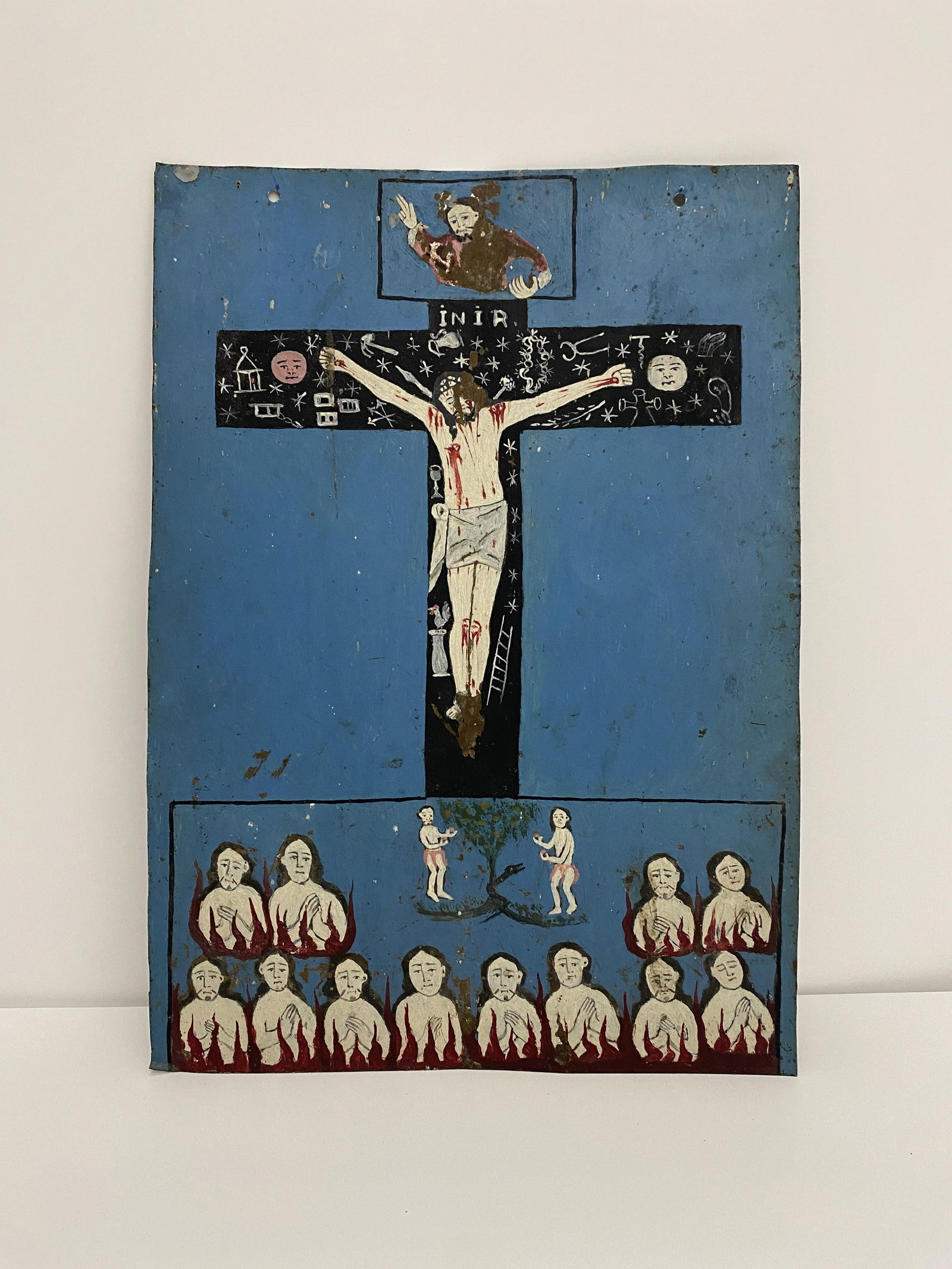Retablo Religious Icon Hand-Painted Folk Art Crucifixion Scene on Metal Panel (1 of 3)