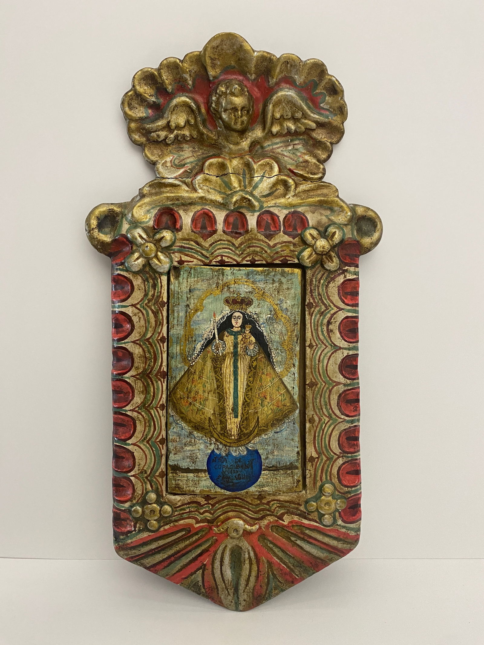 Retablos Hand Painted Saint w/ Child and Sword Icon Circa 1853 (1 of 4)