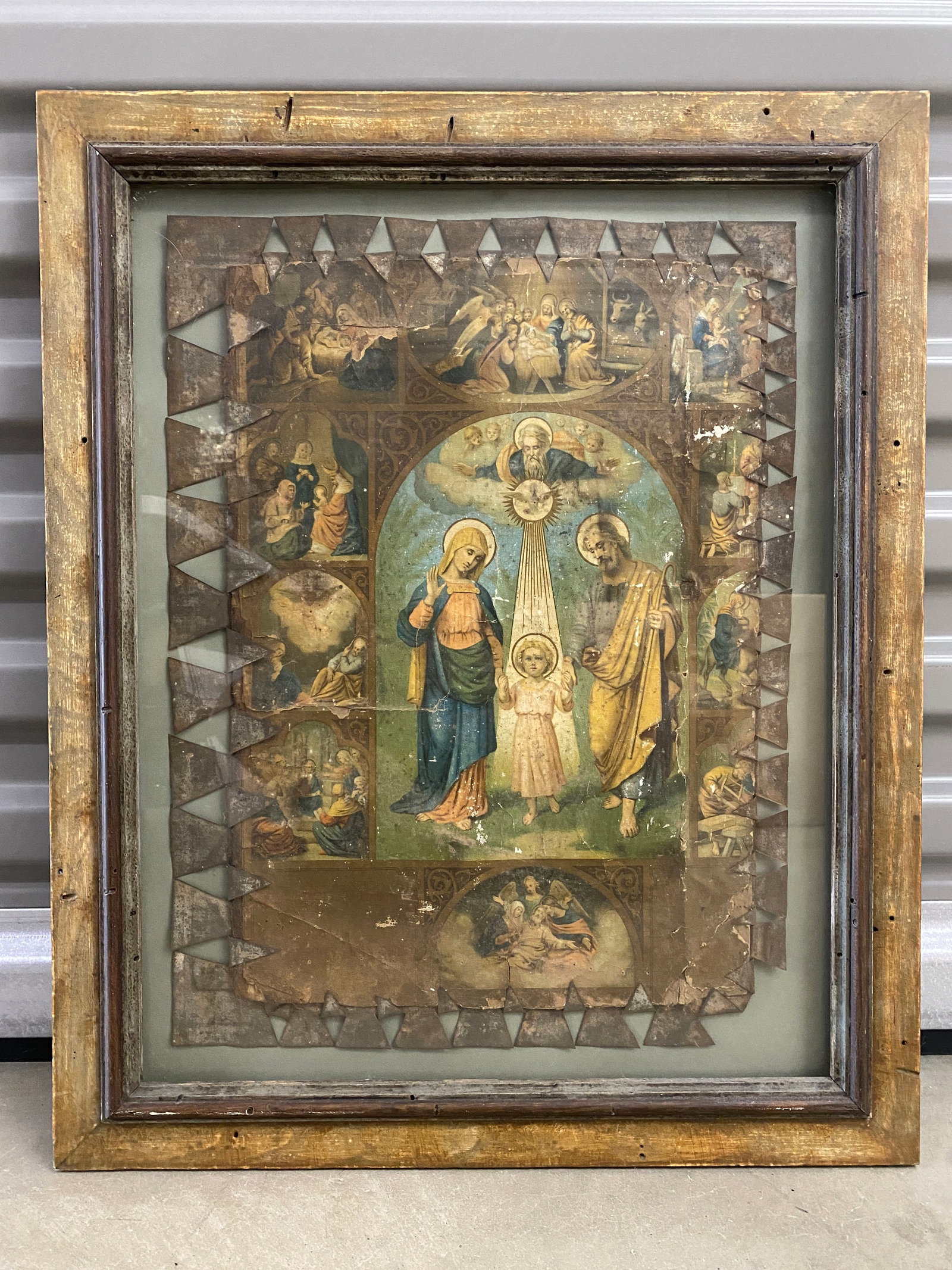 Retablos Religious Icon Possibly a Young Jesus, Joseph and Mary: Shipping from Austin, TX Dimensions: 21.5 x 17.5 in Possibly from the 18th century. Iconography like this often features scenes and figures from Christian narratives, with saints and holy figures pres