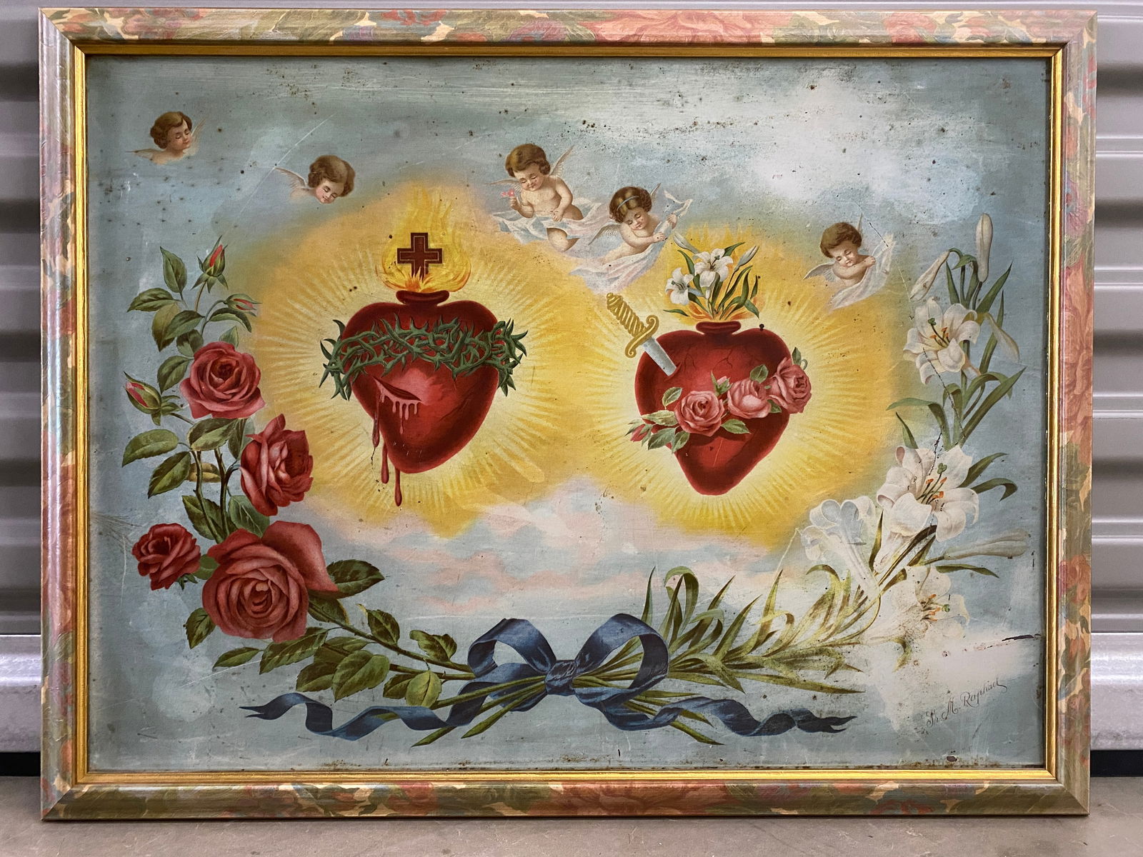 Sacred Heart and Cherubs - Tin Litho signed by  Sister M. Raphael (1 of 4)