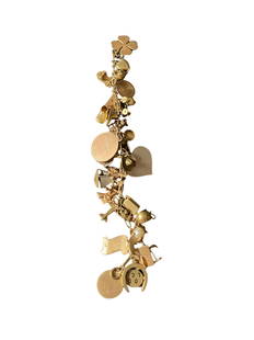 Gold Charm Bracelet 14K with Multiple Pendants, 18g: 14 karat gold bracelet featuring an array of diverse charms including coins, hearts, and abstract shapes. Length: 8", Weight: 18g. Ships from Los Angeles, CA.