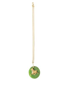 12K Gold Necklace with Carved Jade Horse Pendant: 12K gold necklace featuring a beautifully carved jade pendant with a horse motif. Necklace L: 20", Pendant L: 1.5" x W: 1.5", Wt: 1g. Ships from Los Angeles, CA.