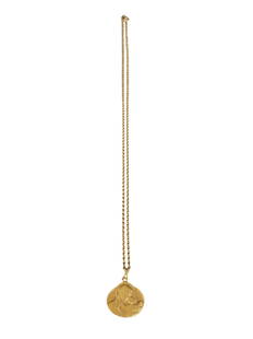 18K Gold Necklace with Saint Pendant: Elegant 18 carat gold necklace featuring a detailed saint pendant. Necklace L: 20", Pendant L: 3/4", W: 3/4", Wt: 3g. Ships from Los Angeles, CA.