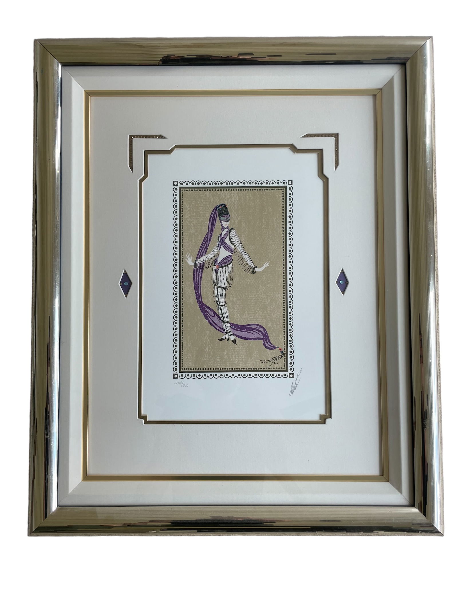 Erte 'Thousand & One Nights' Framed Limited Edition Art Deco Print - Signed and Numbered: Limited edition print from 'Scheherazade' suite depicts a graceful figure, numbered and signed by the artist. Framed with matting and accents. L: 33", W: 27". Ships from Los Angeles, CA.