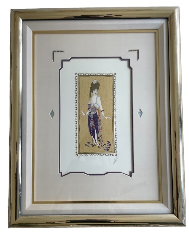 Erte 'Thousand & Second Nights' Framed Limited Edition Art Deco Print - Signed and Numbered: Art Deco style print by Erte from 'Scheherazade' suite featuring an elegant, stylized female figure. Numbered and signed by the artist. L: 34", W: 26 1/2". Ships from Los Angeles, CA.