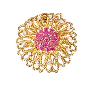 18 Karat Gold Flower Pin with Rubies & Diamonds (1 of 2)