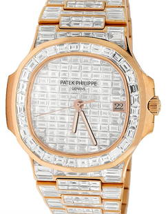 18K Rose Gold Patek Philippe Nautilus Baguette Diamond Watch: 18K Rose Gold Patek Philippe Nautilus Baguette Diamond Watch, 92 carats (aftermarket diamonds), retails for $358,000. Ships from Orange County, CA.