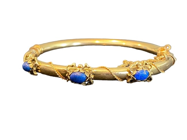 14 Karat Gold Hinged Bangle Bracelet with 3 Lapis Lazuli Gemstones (1 of 4)