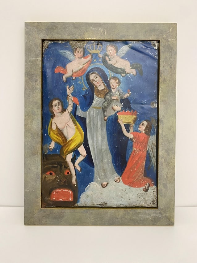 Retablo Religious Icon Oil Painting on tin with Crowned Virgin and Angels (1 of 3)