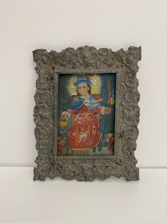 Retablo Religious Icon Oil Painting on tin of Child with Spoon and Basket in Ornate Frame (1 of 3)