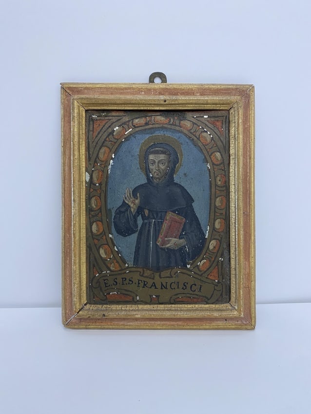 Retablo Religious Icon Framed Painting on tin of Saint Francis (1 of 3)