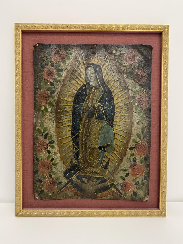 Retablo Religious Icon Artwork of Virgin Mary on tin and in a Decorative Frame (1 of 3)