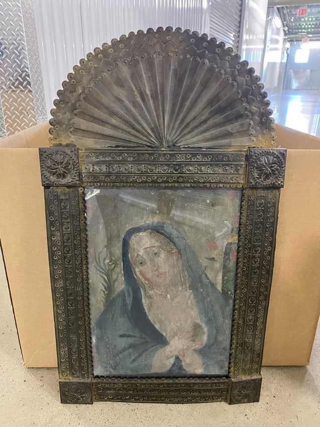 Retablo Religious Icon Oil Painting on Tin, Peened Metal Frame (1 of 3)