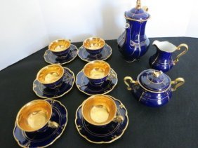 SIGNED BAVARIAN ECHT KOBALT TEA SET HAND PAINTED: THIS IS A SIGNED BAVARIAN PORCELAIN COFFEE/ TEA SET THAT HAS COME FROM THE BAVARIAN FOREST AREA, WHICH IS FAMOUS FOR FINE HANDWORK IN CERAMIC PORCELAIN AND CRYSTAL. EACH PIECE OF THE DEIM-TASSE SET IS