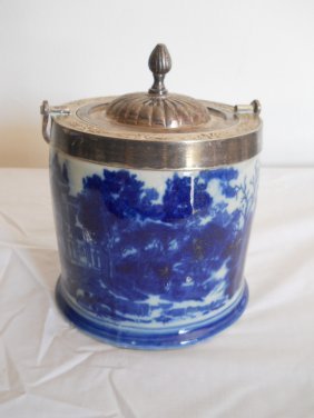 ANTIQUE IRONSTONE ENGLISH BISCUT JAR,LIDDED: FLOW BLUE,ENGLISH BISCUT JAR,LIDDED WITH HANDLE, IRONSTONE,5 INCH BY 5 INCH