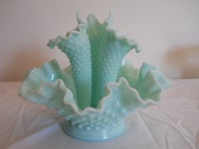 ANTIQUE BLUE GLASS EPERGNE,HOB NAIL,: ANTIQUE HOB NAIL BLUE GLASS EPERGNE, 8 INCHES TALL