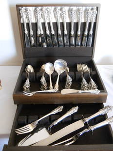 ANTIQUE STERLING SILVER GRAND BAROQUE WALLACE 64 PC: ANTIQUE STERLING SILVER FLATWARE WITH SERVING PIECES . 64 PIECES , WEIGHT 94 OUNCES