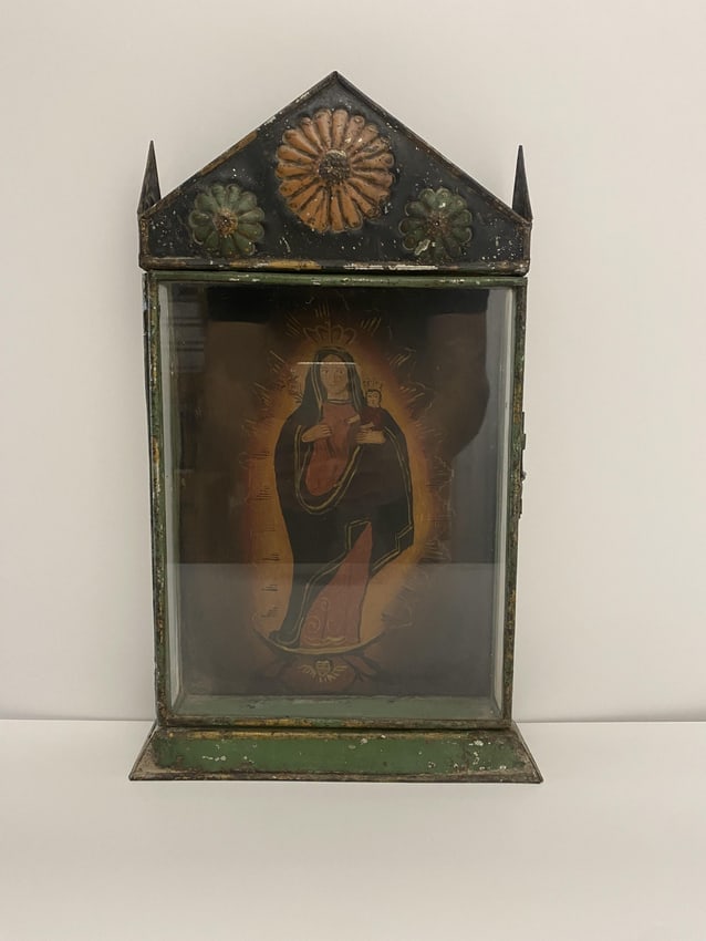 Retablo Religious Icon Hand-Painted with Glass Case (1 of 3)
