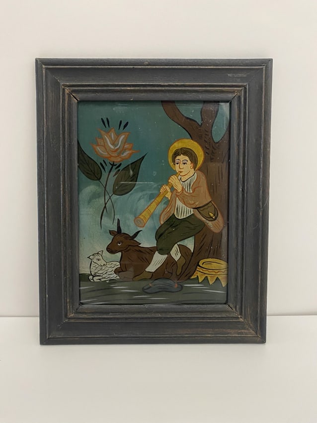 Retablo Religious Icon Folk Art Reverse Glass Painting of a Saint with Animal (1 of 3)