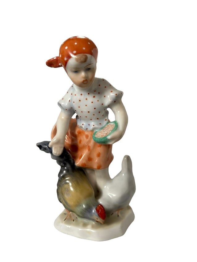 Herend Hungary Girl Feeding CHICKENS Hen and Rooster - Handpainted Porcelain Signed 5843 (1 of 5)