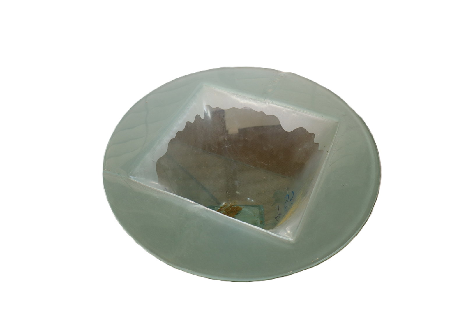 Art Deco Style Frosted Glass Vase with Square Base: Art Deco Style Frosted Glass Vase with Square Base This elegant Art Deco-inspired frosted glass vase features a wide, flared bowl adorned with abstract wave-like designs in blue and purple. The vase i
