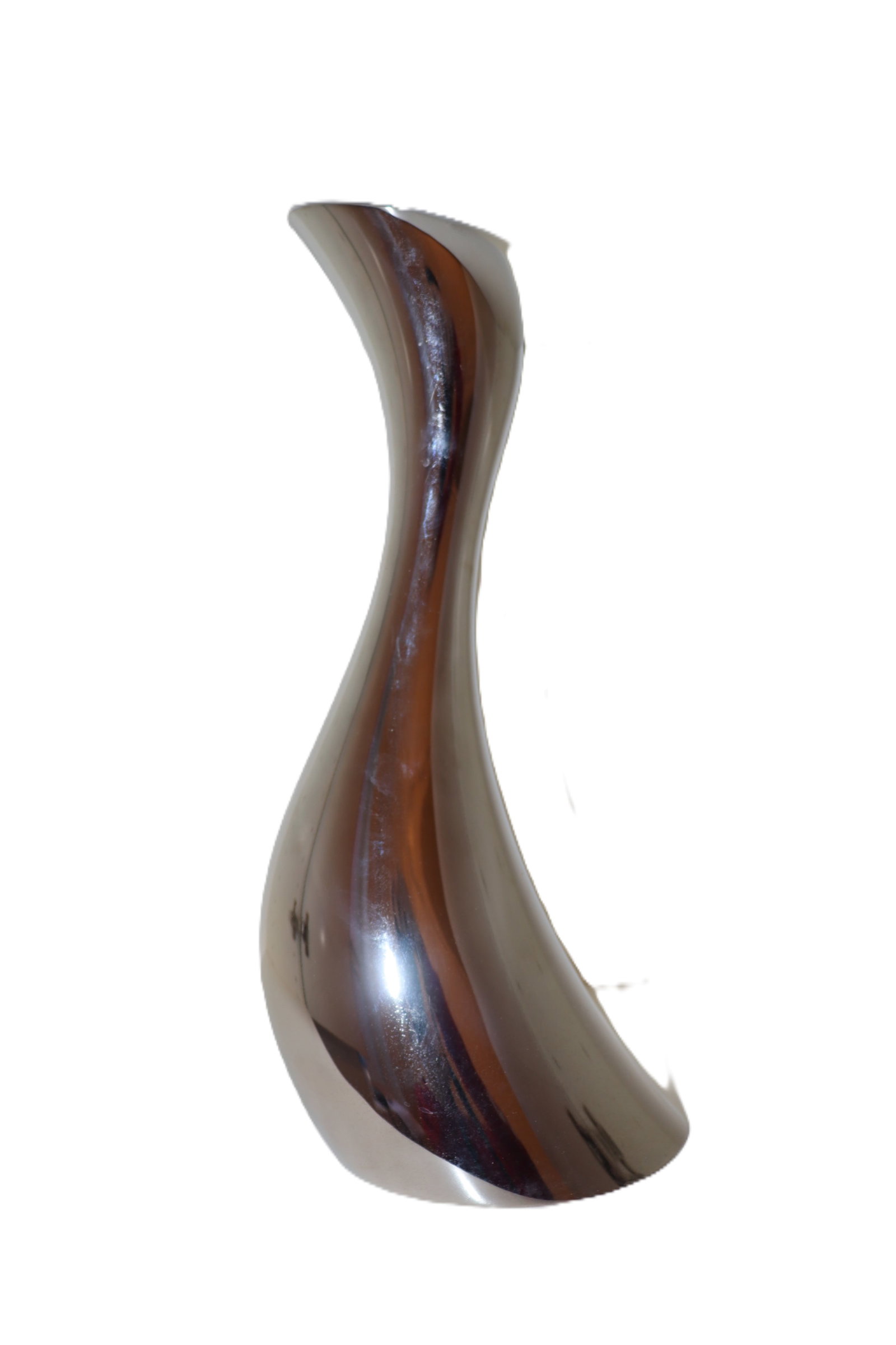 Georg Jensen Sculptural Metal Vase: Georg Jensen Sculptural Metal Vase This elegant Georg Jensen vase showcases a sleek, sculptural design with a flowing, curved silhouette. The highly polished metal surface adds a striking, reflective 