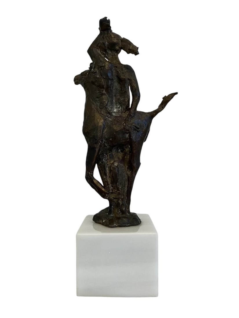 Asian Bronze Figure Sculpture: Asian Bronze Figure Sculpture A finely crafted bronze sculpture depicting a nude female figure alongside a horse, mounted on a sleek white marble base. The composition highlights the elegant connectio