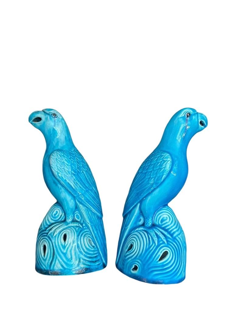Chinese Turquoise Blue Glazed Porcelain Parrot Sculptures – A Pair (1 of 2)