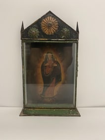 Retablo Religious Icon Hand-Painted with Glass Case