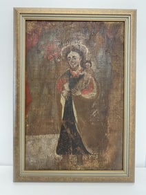 Retablo Religious Icon Oil on Canvas Painting with Gold Frame