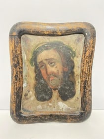 Spanish Colonial "El Divino Rostro" Retablo Oil on Tin